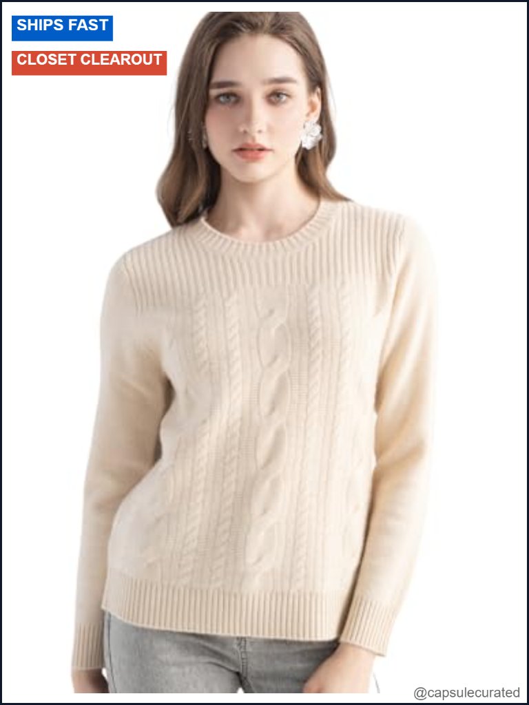 100% Cashmere Cable Knit Pullover Sweater Crew Neck Long Sleeve
